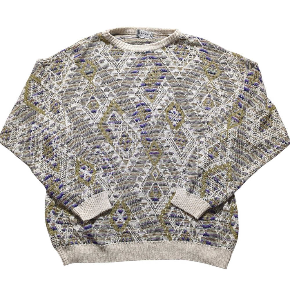 VTG  Progetto Geometric Knit Sweater Cream Olive Purple Men‎ Medium MADE ITALY
